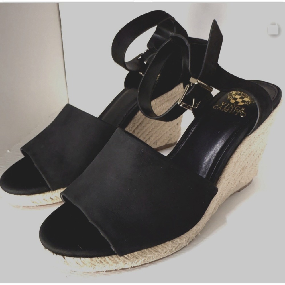 Vince Camuto Leonita Leather BlackAnkle-Strap Platform,Wedge-Sandal Pump Size8.5